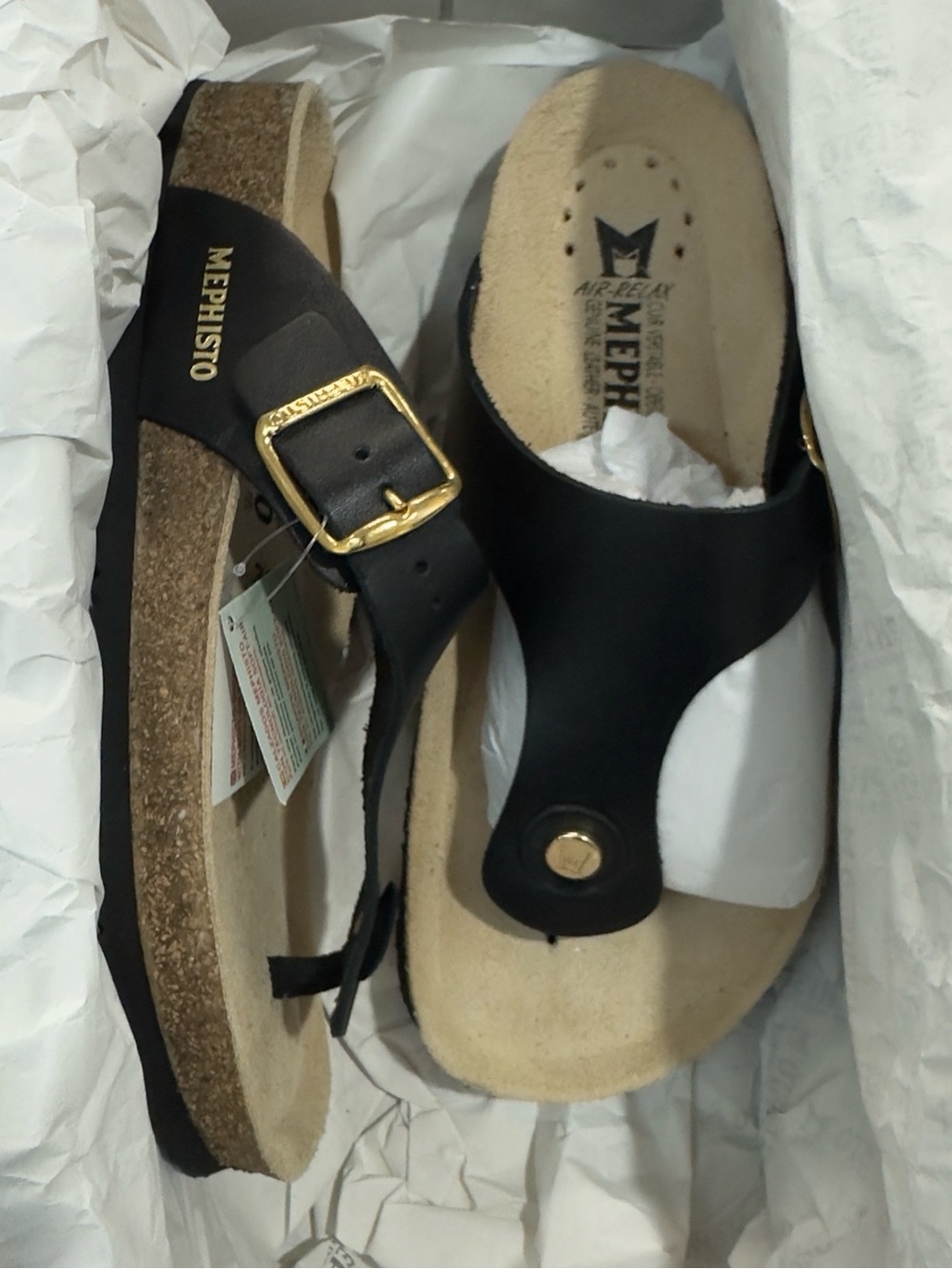 Mephisto Women's Black Leather Cork Thong Sandals with Gold Buckle